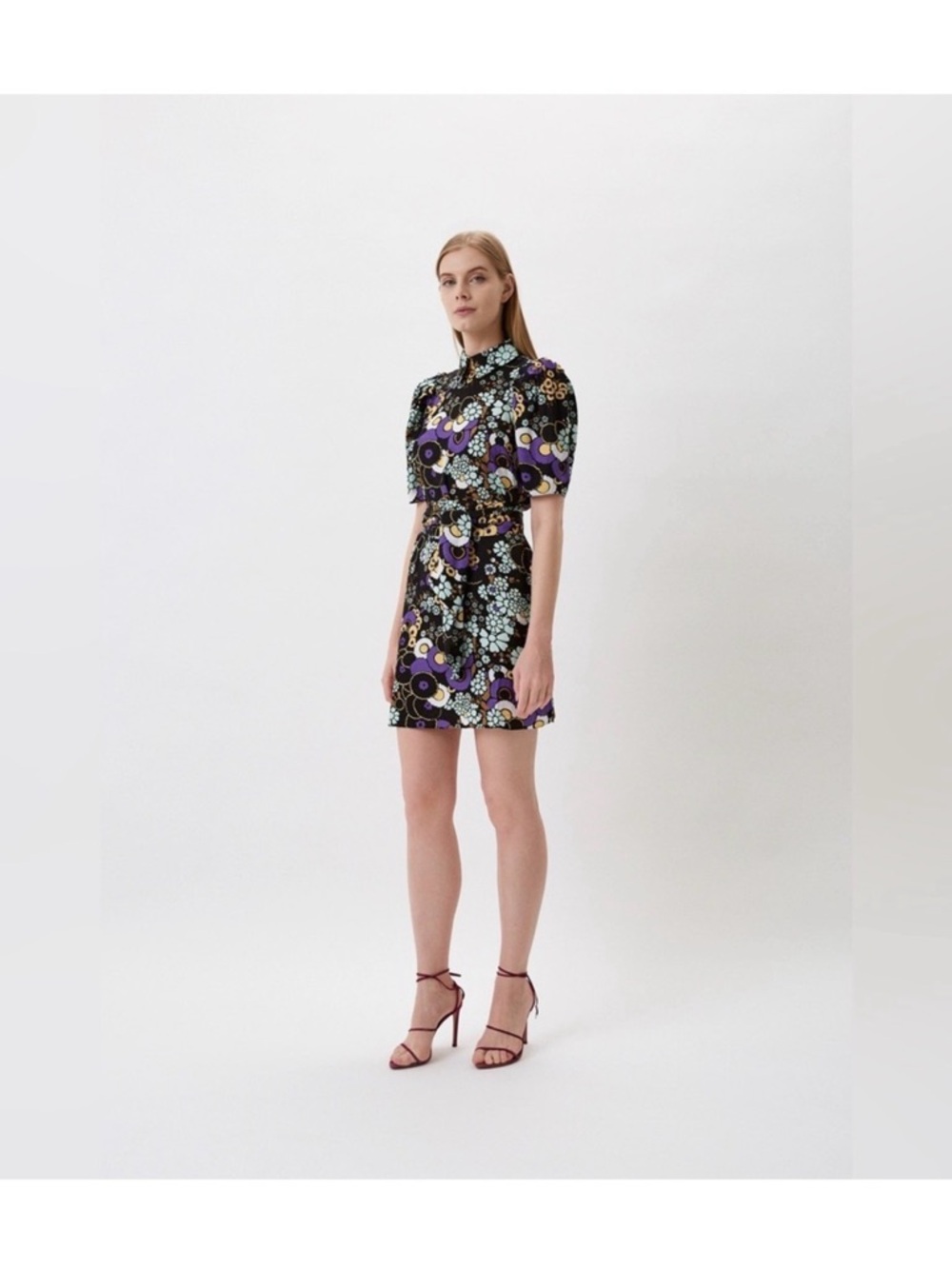 Ted Baker Black Floral-Print High Neck Mini Dress with Purple Accents - Picture 2 of 10